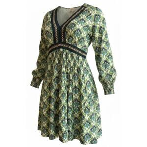 NKN Nekane Green Floral Embroidered Neckline Long Sleeve Mini Dress Size S NWT